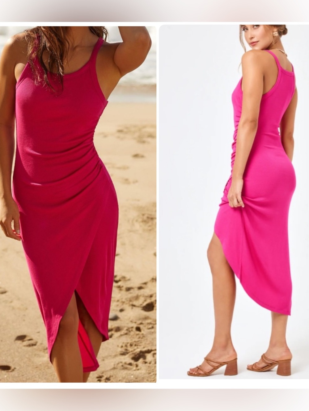 L Space Bardot Dress Sz M Ruched Tulip Hem Cover Up Midi Pink Summer Stretchy